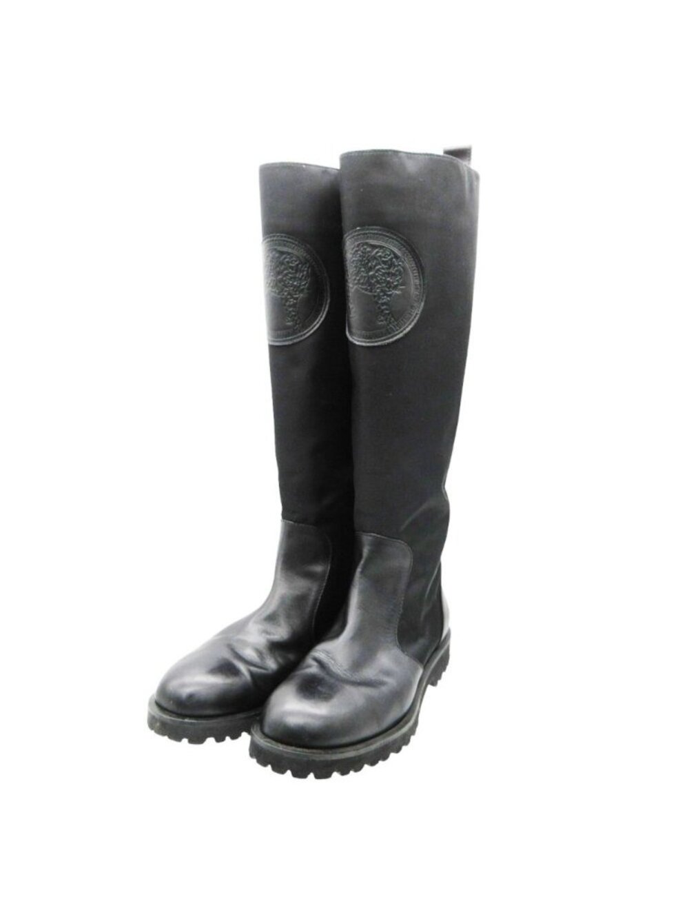 Versace Versus Boots Long Leather Nylon Leopard Motif Patch Shoes Black